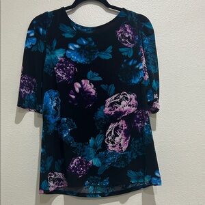 Worthington Black Top with Blue and Purple Floral Design